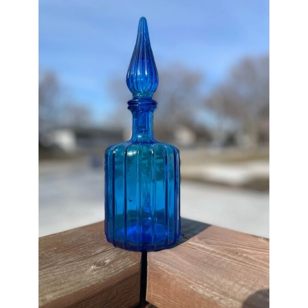 Vintage Italian Empoli Genie Bottle Ribbed Kingfisher Cobalt Blue Glass Decanter